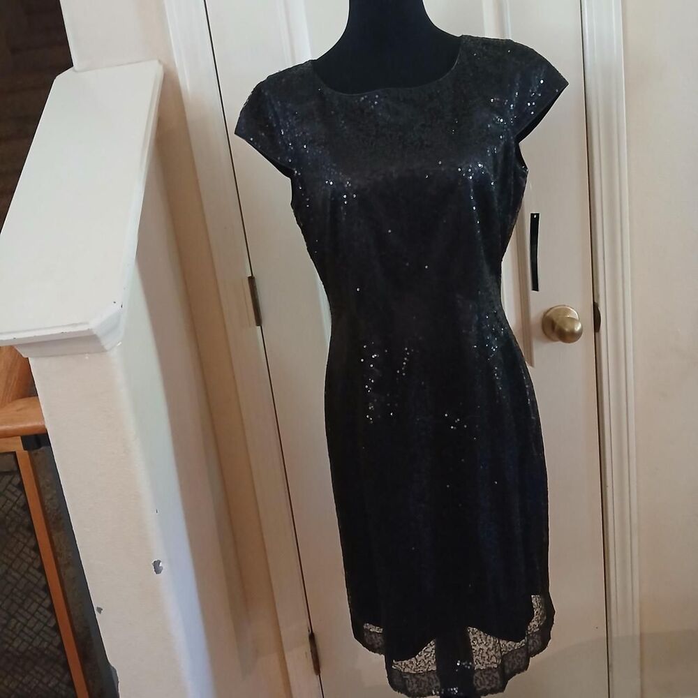 NWT Tahari Little Black Dress Sequin Lined Cap Sleeve Mini Dress 8 Y2K Glam
